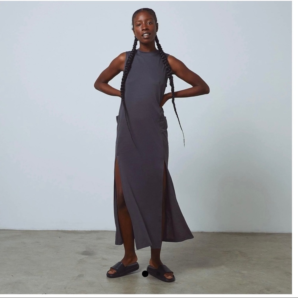 Lunya Womens Sleeveless Maxi Dress Meditative Grey Pockets Sz XS.